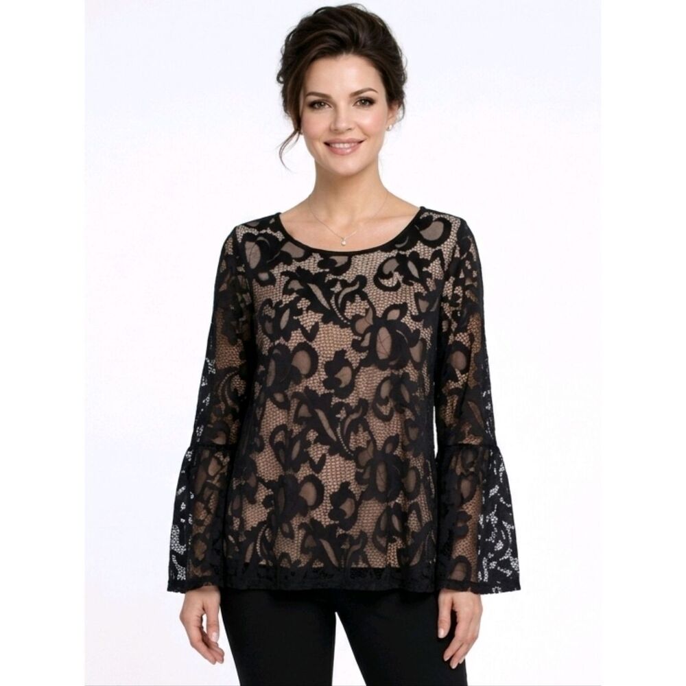 I.N.C. Woman Black Lace Tan Lining Flounce Sleeve Blouse Pullover Size 1X